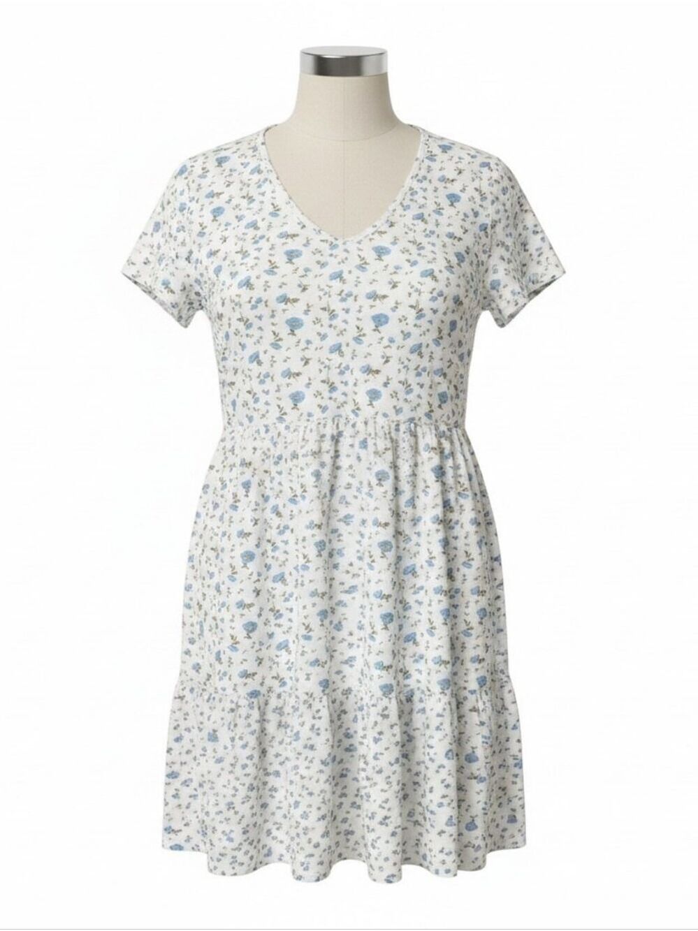 Cream Floral Tiered Mini Dress with Blue Blooms